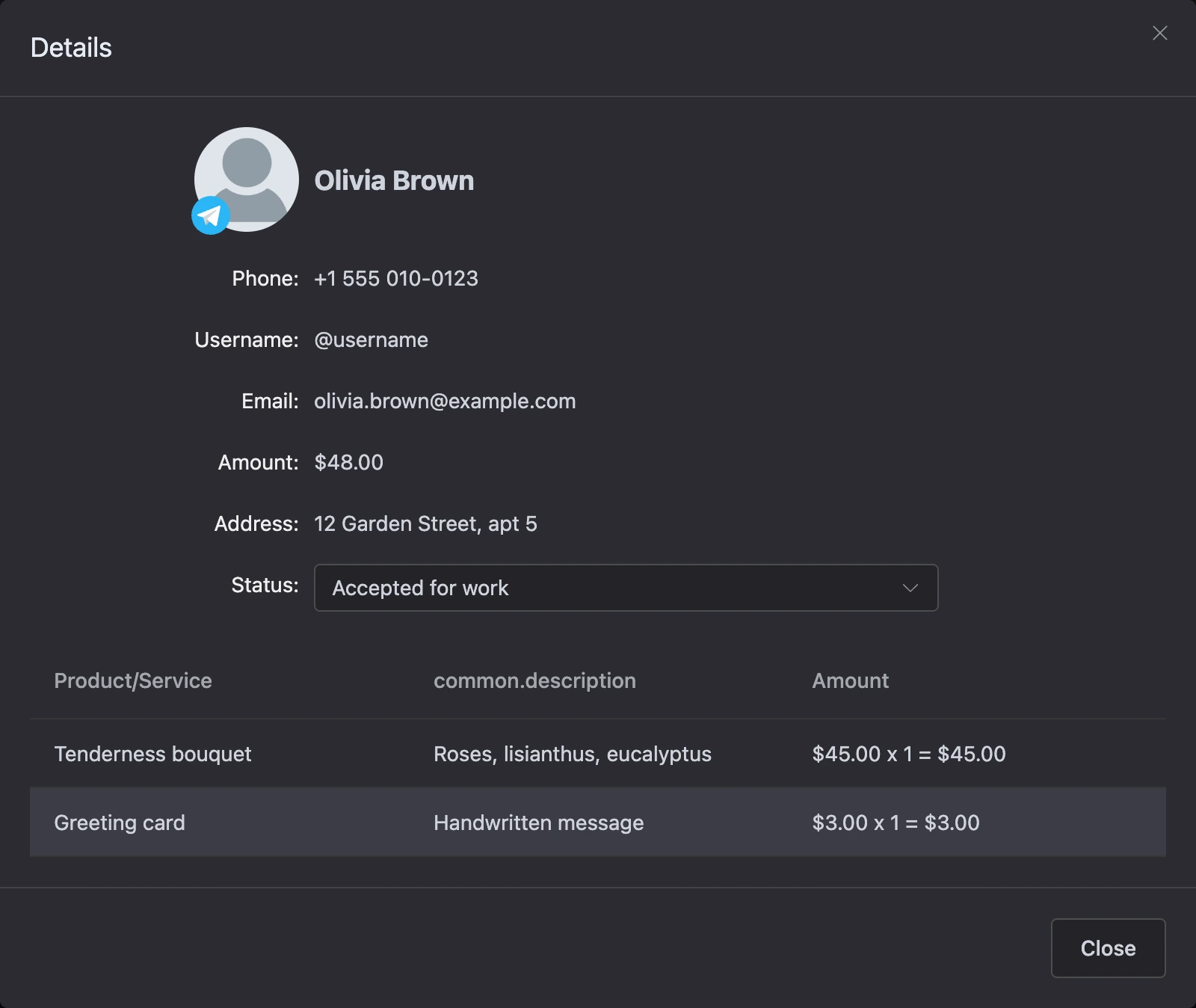 The order dialog with the Status field