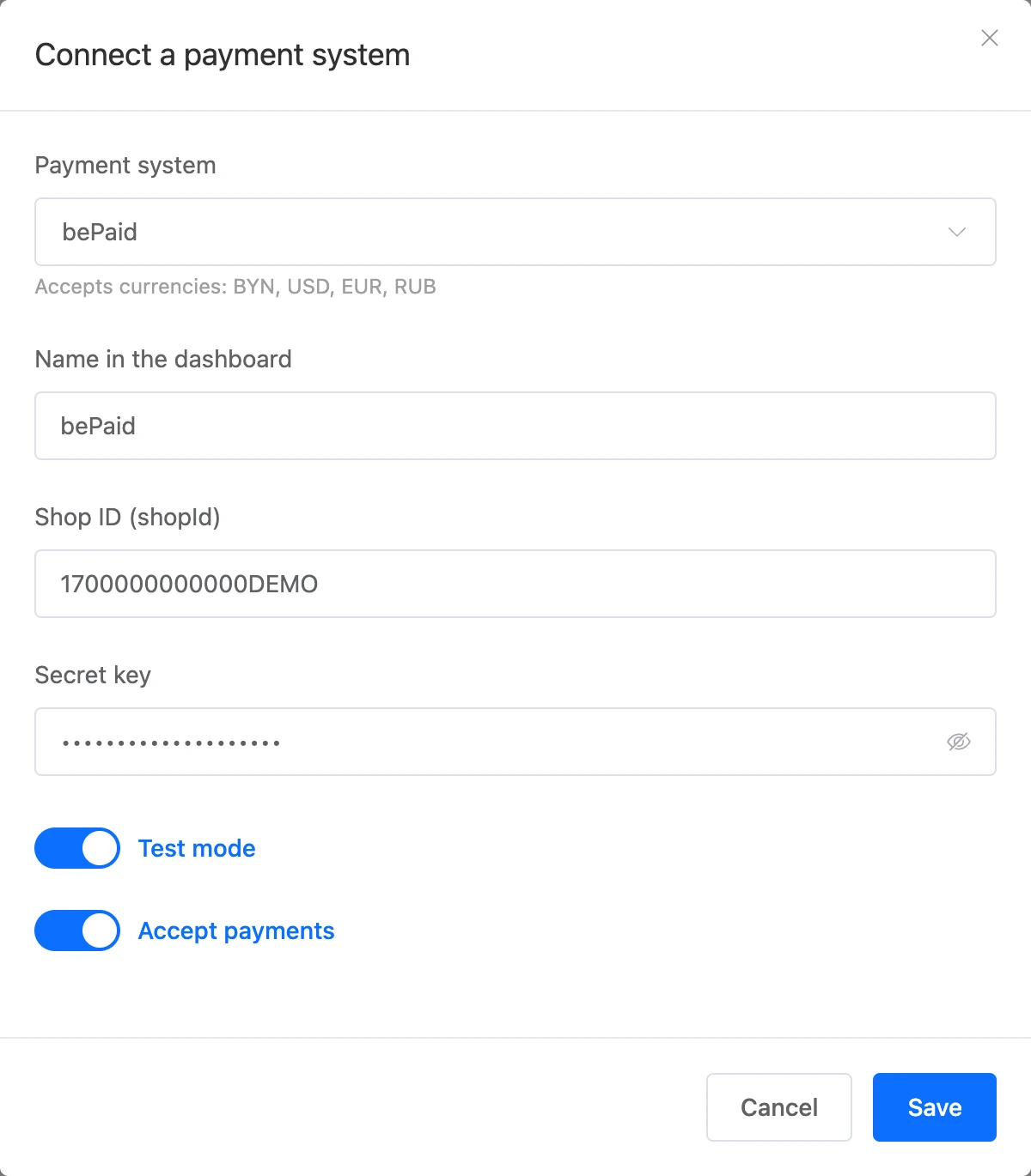 The payment system connection dialog
