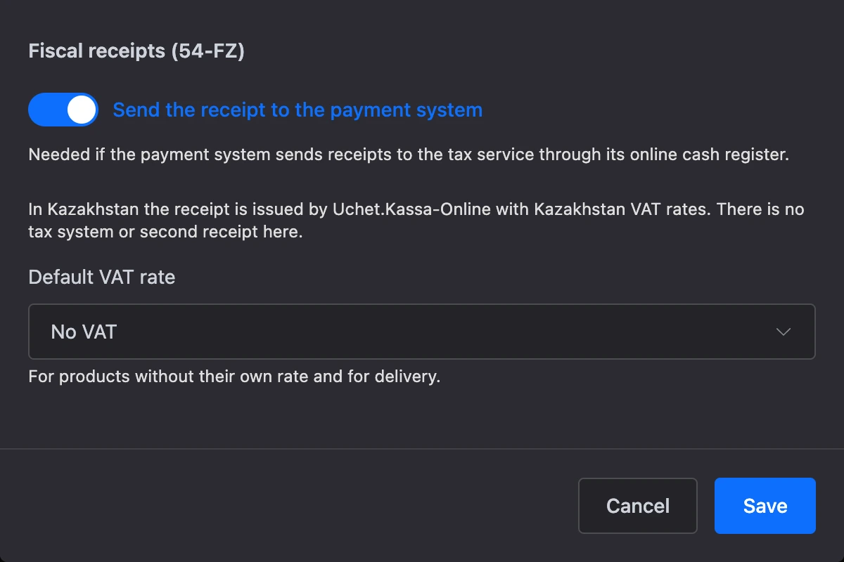 Robokassa receipt settings for Kazakhstan