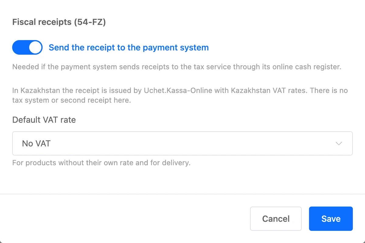 Robokassa receipt settings for Kazakhstan