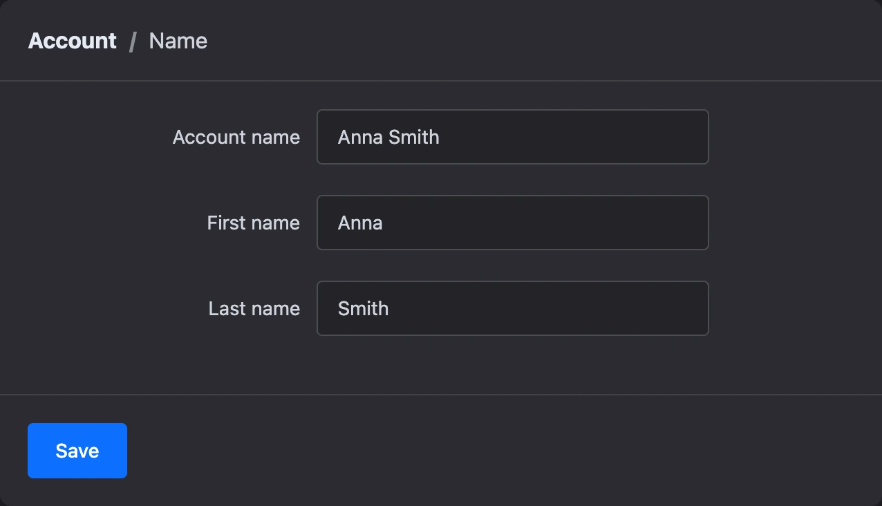 The Name form: account name, first and last name
