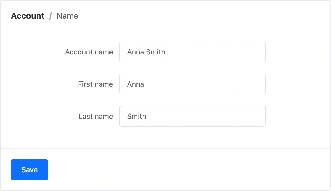 The Name form: account name, first and last name