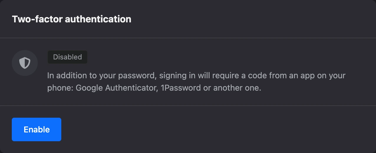 Two-factor authentication card in the profile