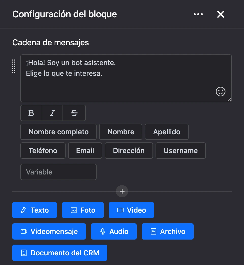 Configuración del bloque: el campo con el texto del saludo