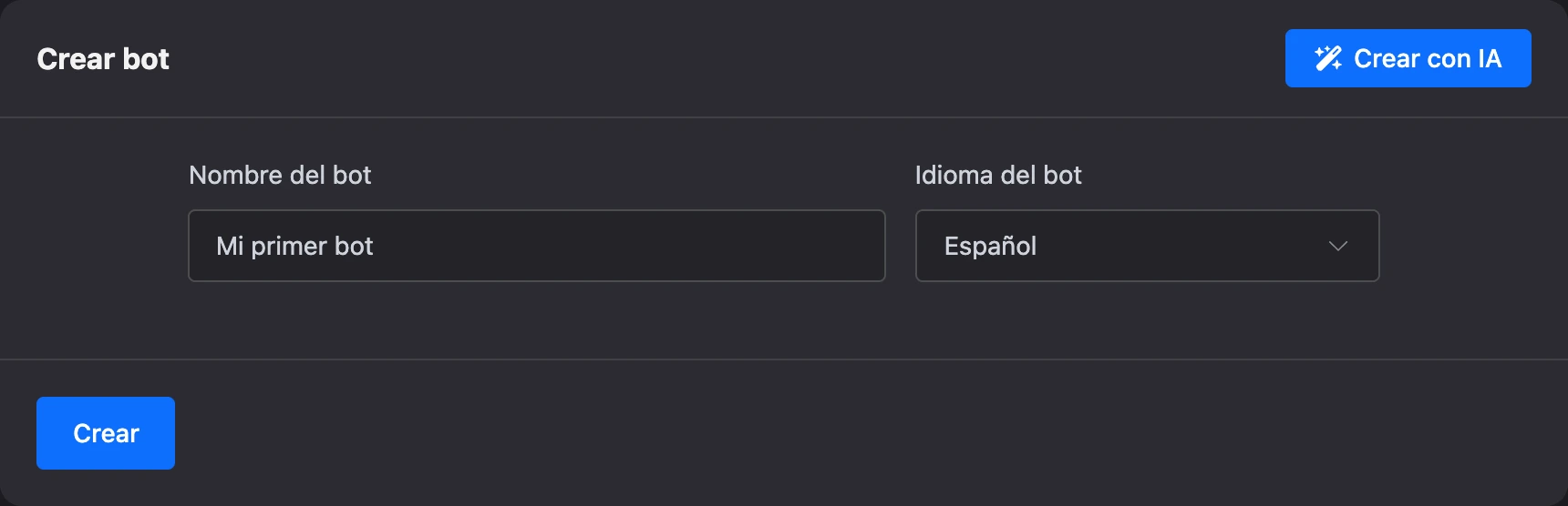 Formulario de creación del bot: el bloque «Crear un bot con IA», el nombre y el idioma