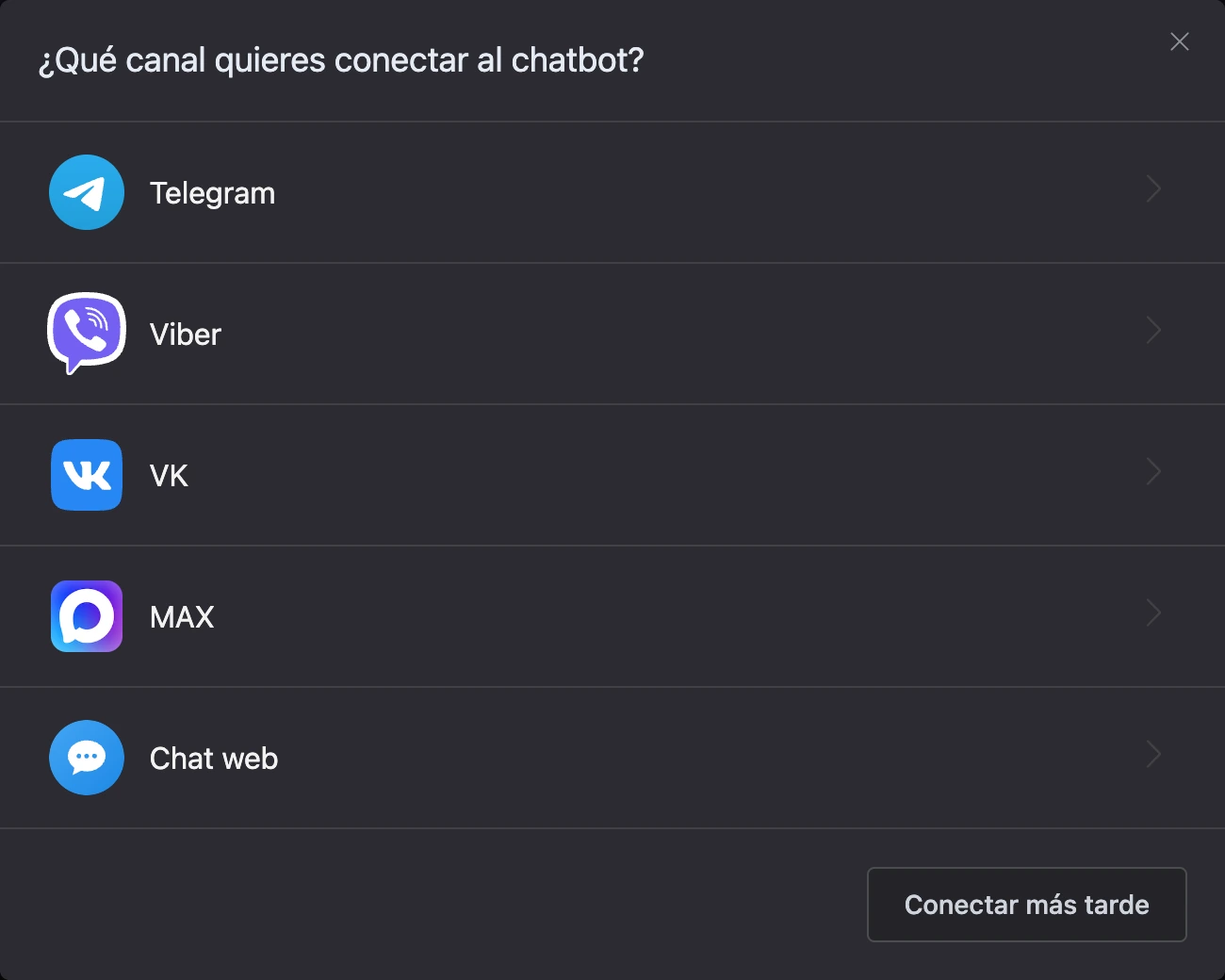 Ventana de elección de canal con el botón «Conectar más tarde»