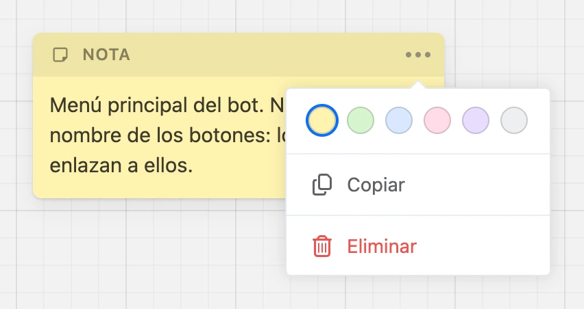Una nota con el menú «⋯» abierto: colores, «Copiar» y «Eliminar»