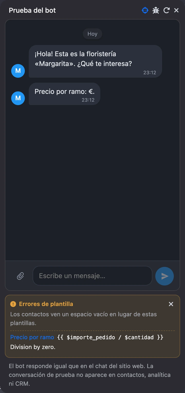 La ventana de prueba con el panel «Errores de plantilla»: el bloque, la plantilla y el motivo del error