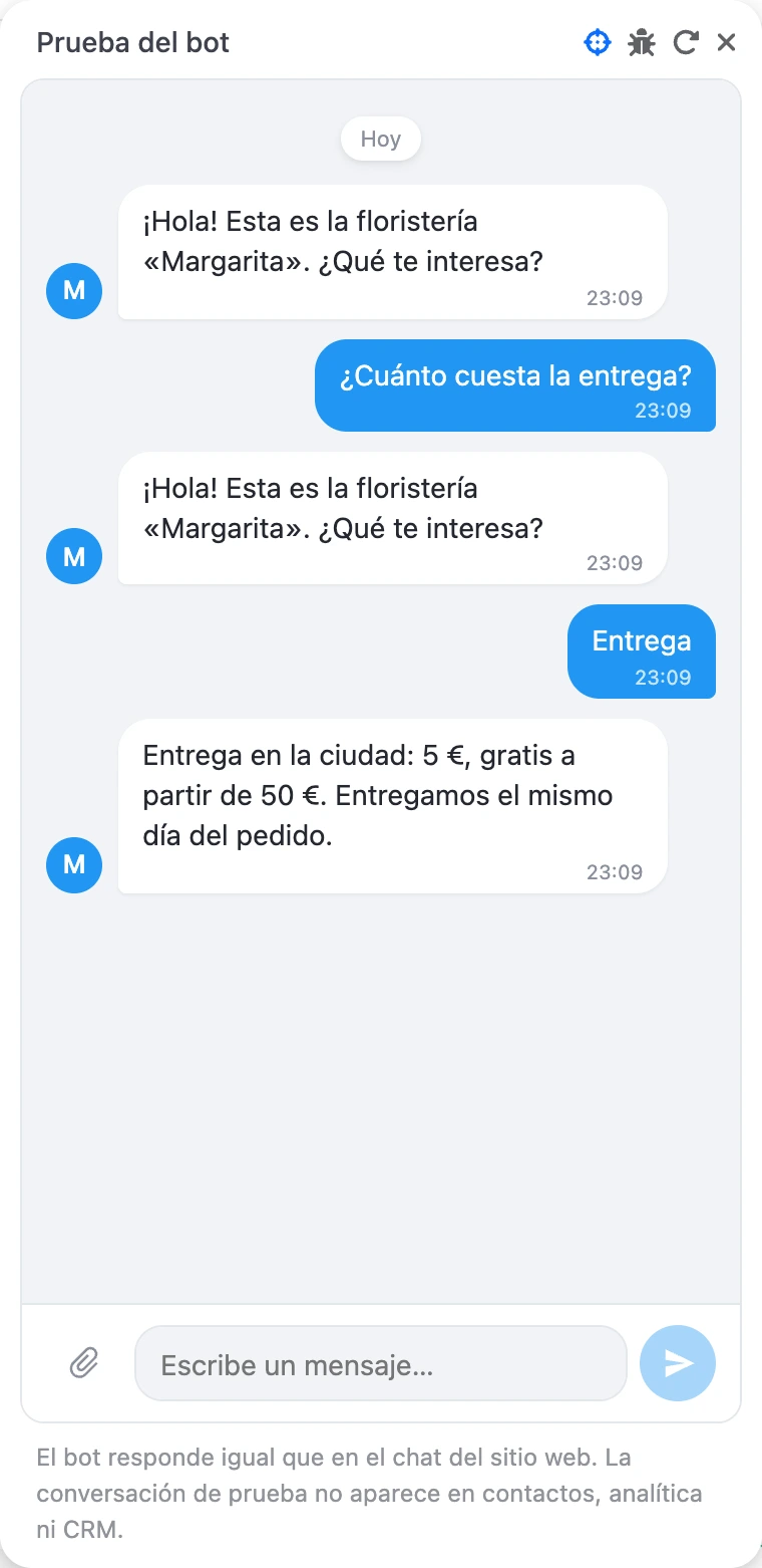La ventana «Prueba del bot»: el bot repitió su pregunta tras «¿Cuánto cuesta el envío?» y respondió sobre el envío tras «2»