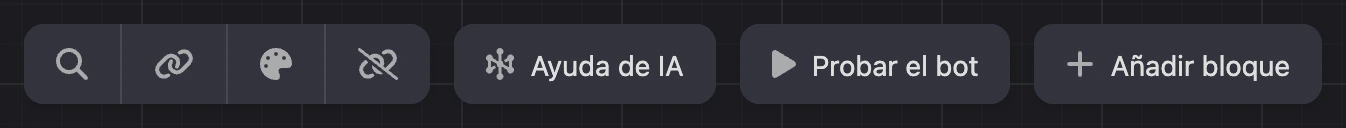 Barra superior del constructor: búsqueda, canales, aspecto, Ayuda de IA, prueba del bot y añadir bloque