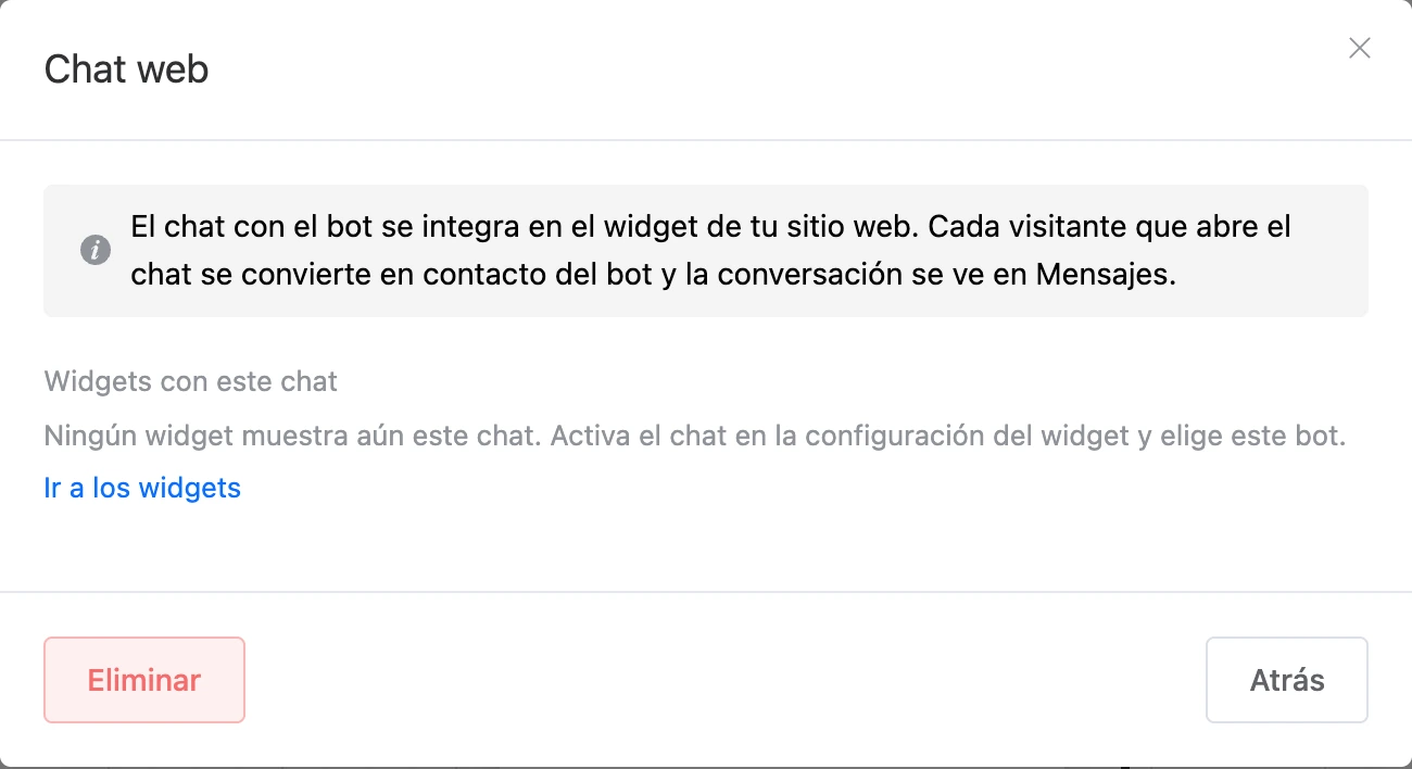 La ventana del canal «Chat web»: descripción y lista de widgets con este chat