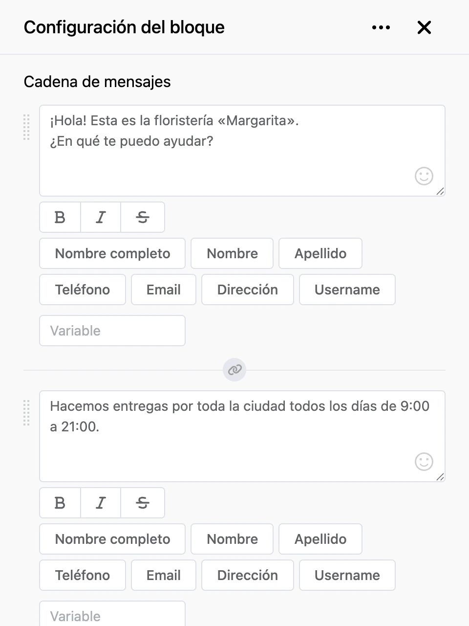 Panel de configuración del bloque «Cadena de mensajes»