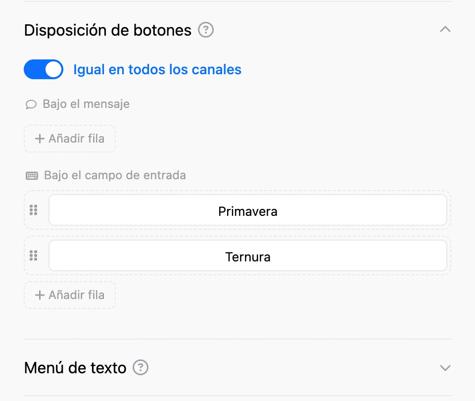 La subsección «Disposición de botones»: zonas «Bajo el mensaje» y «Bajo el campo de entrada», filas de botones