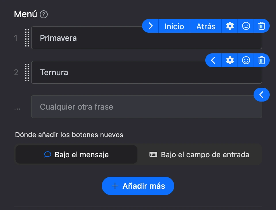 La sección «Menú»: botones numerados, iconos en la fila del botón, «Cualquier otra frase» y dónde se añaden los botones nuevos