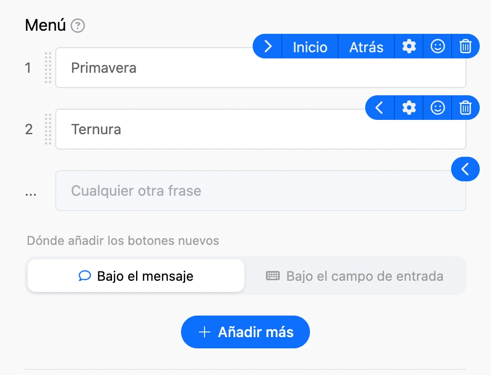 La sección «Menú»: botones numerados, iconos en la fila del botón, «Cualquier otra frase» y dónde se añaden los botones nuevos