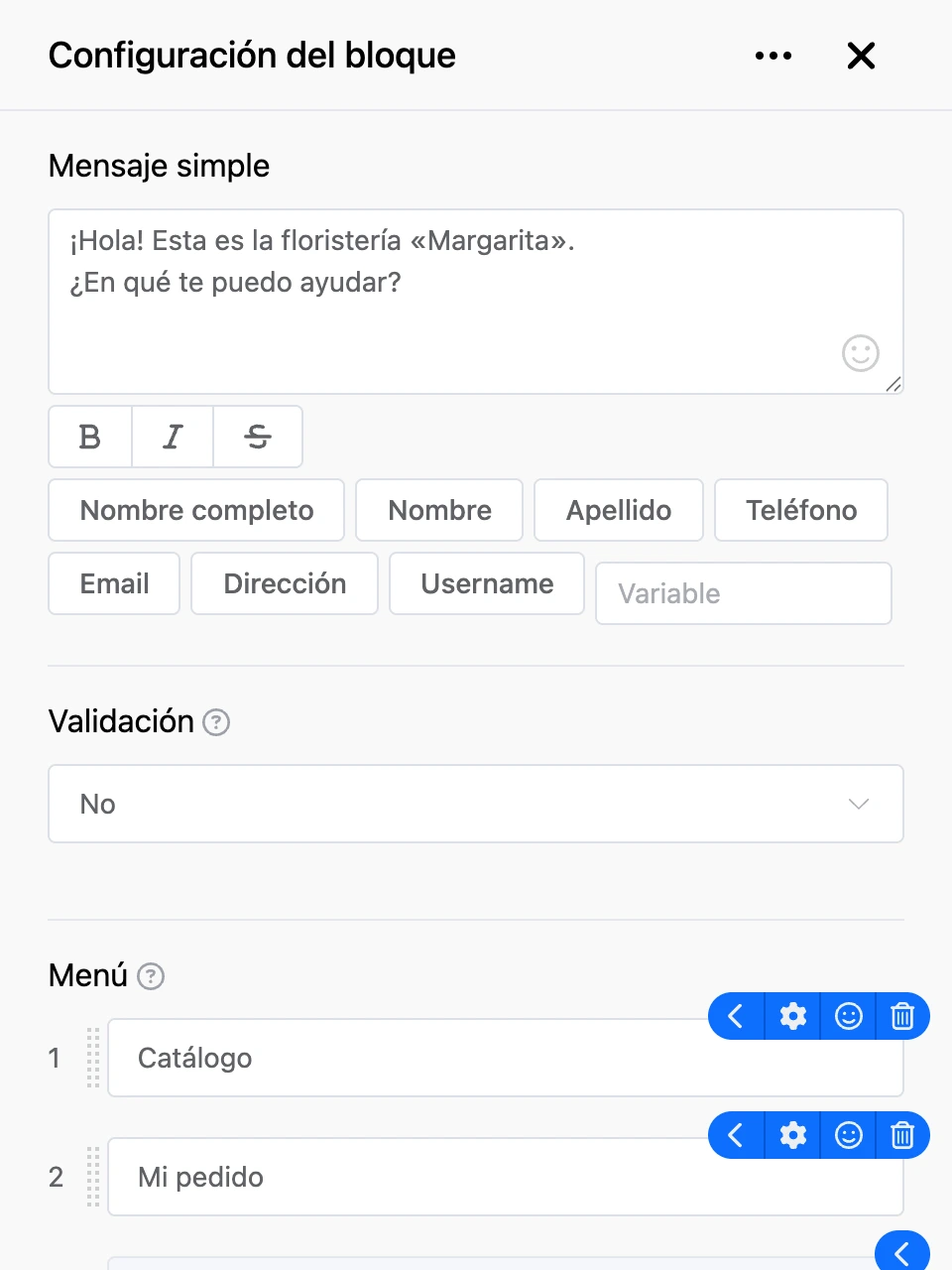 Panel de configuración del bloque «Mensaje simple»