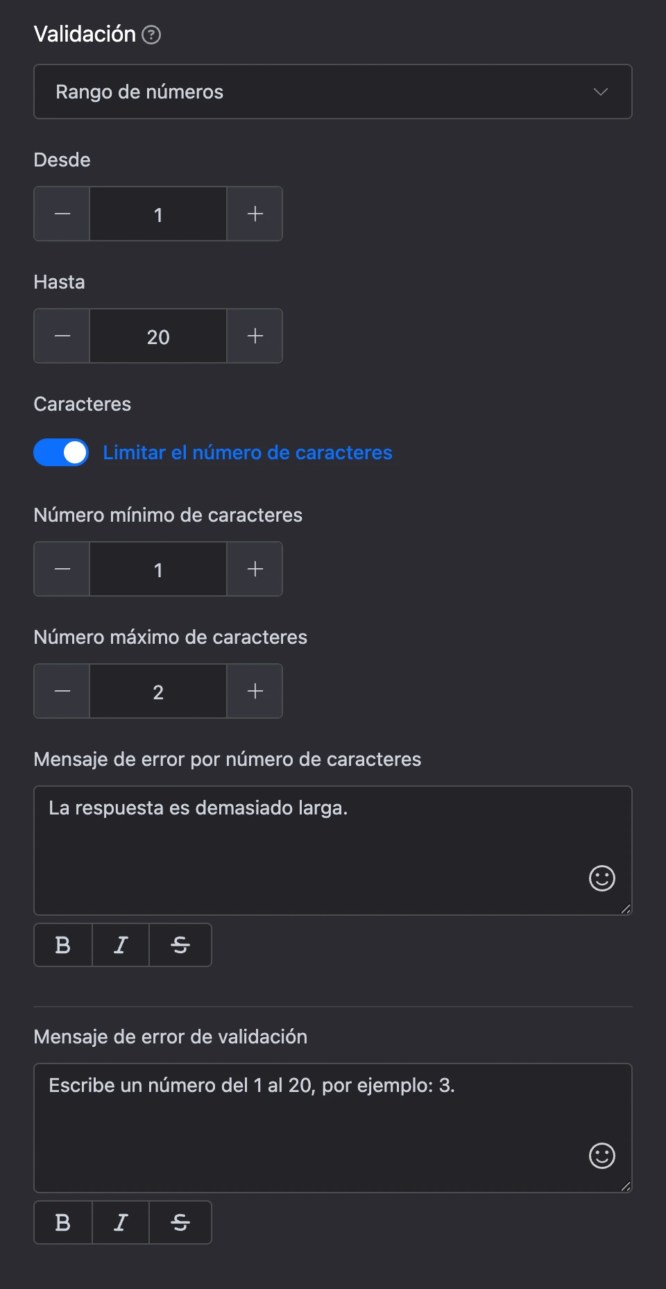 La sección «Validación»: rango de números de 1 a 20, límite de caracteres y mensajes de error