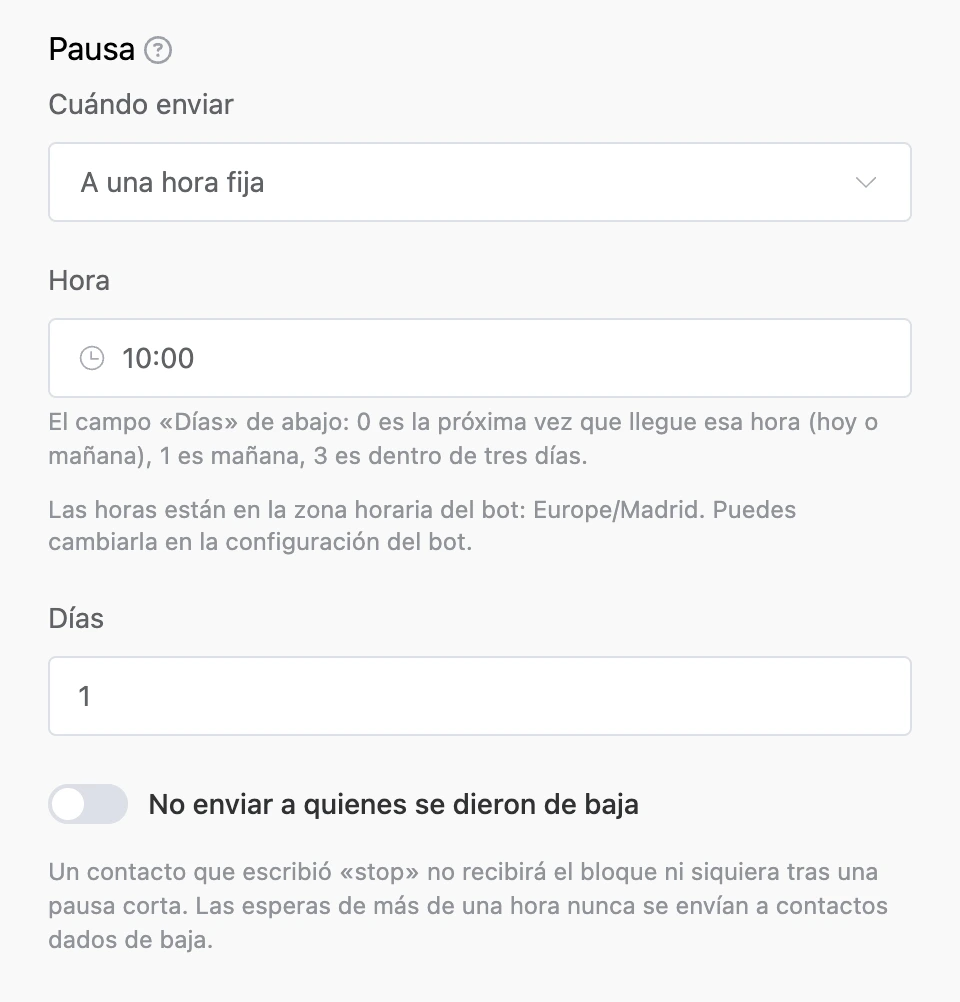El modo «A una hora fija»: hora 10:00, días: 1, una indicación sobre la zona horaria del bot