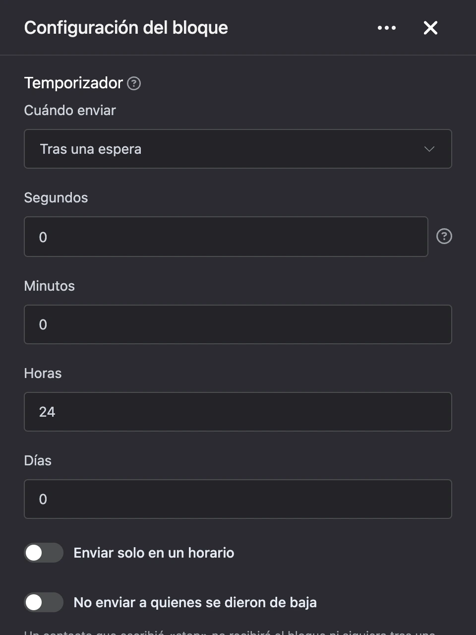Panel de configuración del bloque «Temporizador»