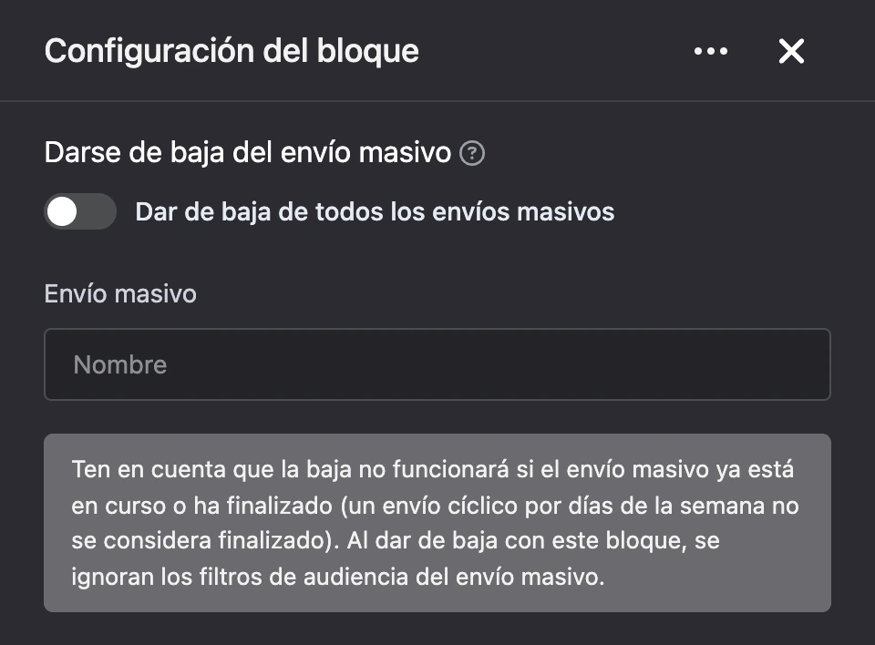 Panel de configuración del bloque «Darse de baja del envío masivo»