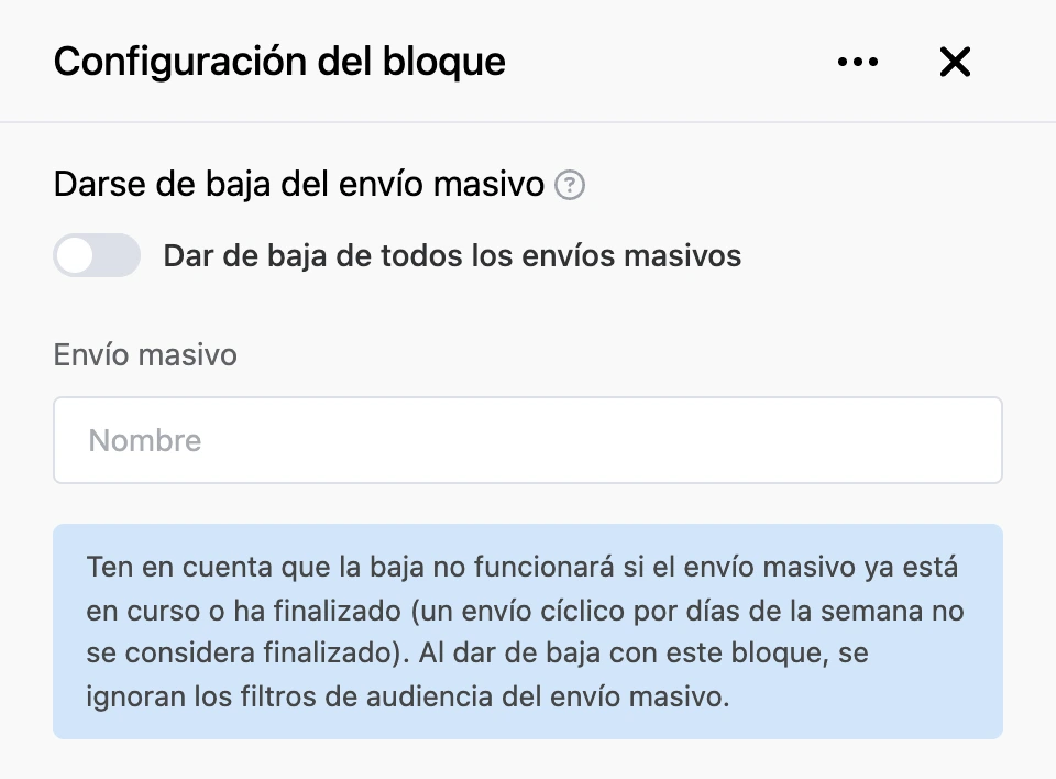 Panel de configuración del bloque «Darse de baja del envío masivo»