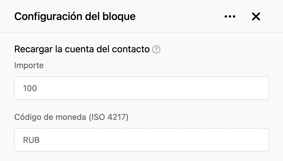 Panel de configuración del bloque «Recargar la cuenta del contacto»