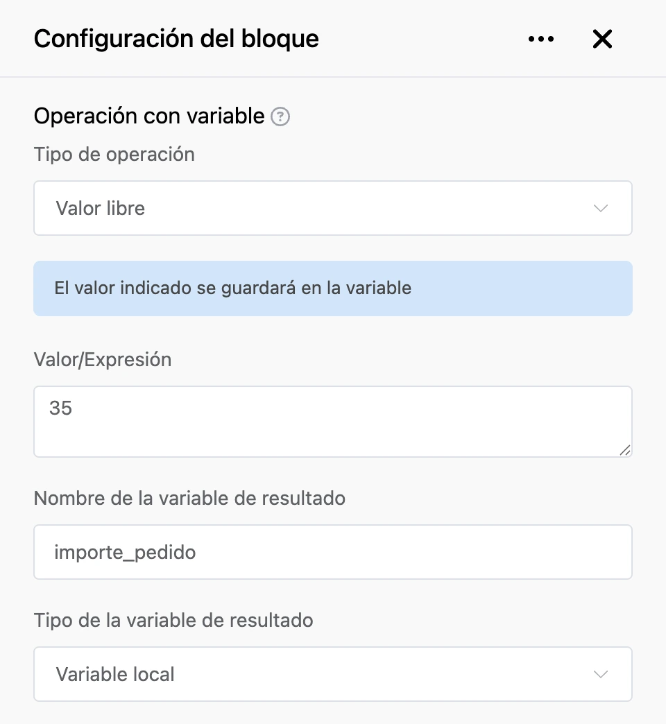 Bloque «Operación con variable»: el total del pedido se escribe en una variable