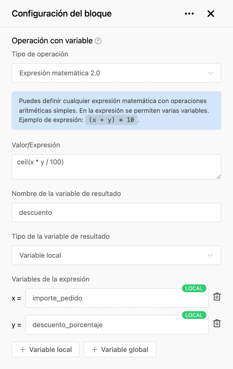 Bloque «Operación con variable»: el descuento se calcula a partir del total del pedido y del porcentaje de descuento
