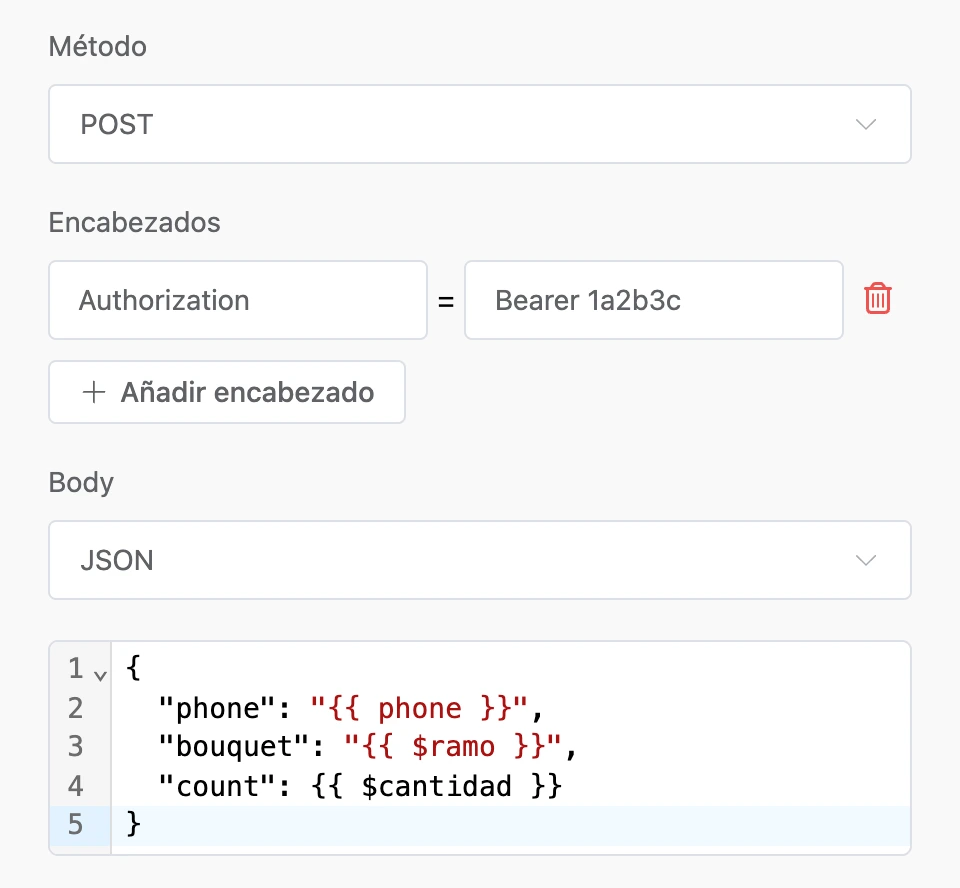 Una solicitud POST con el encabezado Authorization y un cuerpo JSON con plantillas