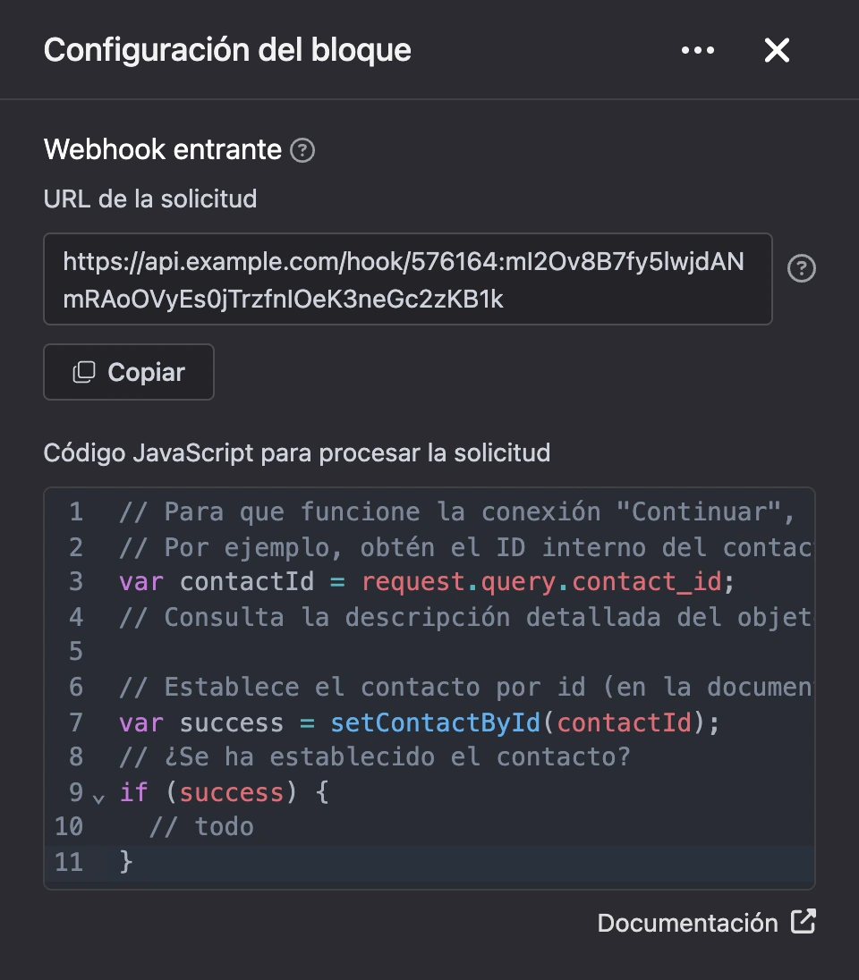 Panel de configuración del bloque «Webhook entrante»