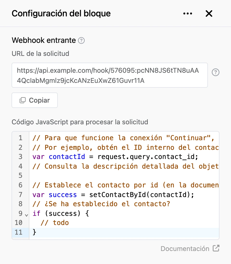 Panel de configuración del bloque «Webhook entrante»