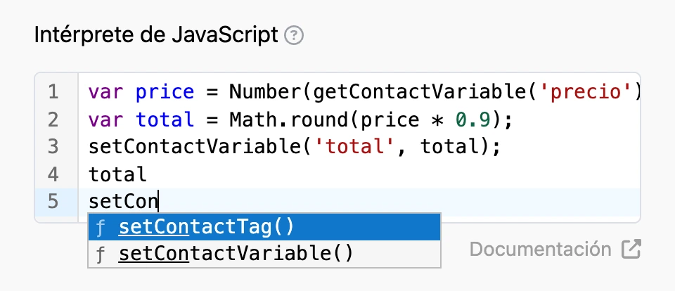 Editor de código con una sugerencia: para «setCon» propone setContactTag() y setContactVariable()