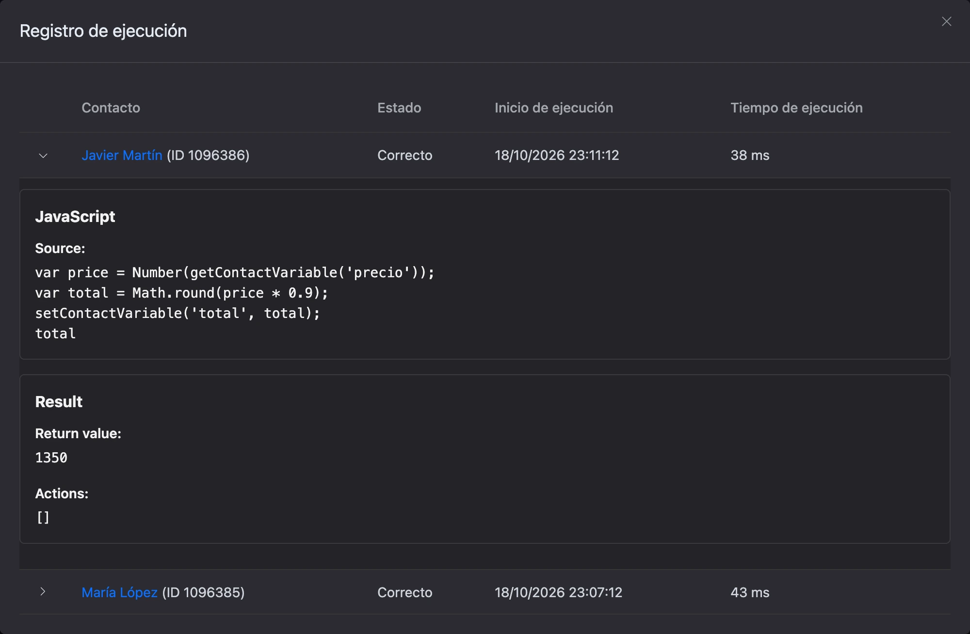 «Registro de ejecución» del bloque JavaScript: código fuente, valor de la última expresión y lista de acciones