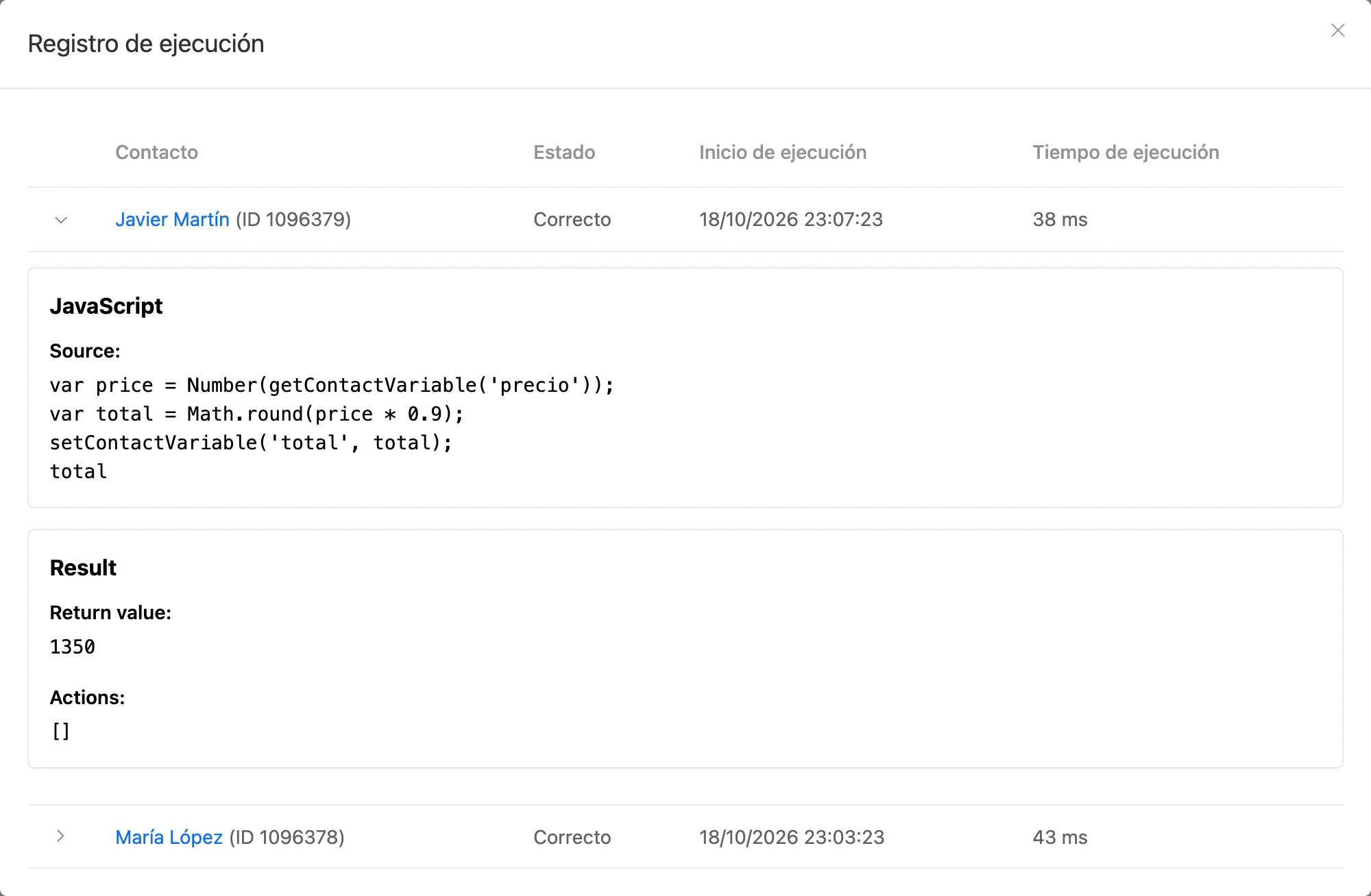 «Registro de ejecución» del bloque JavaScript: código fuente, valor de la última expresión y lista de acciones