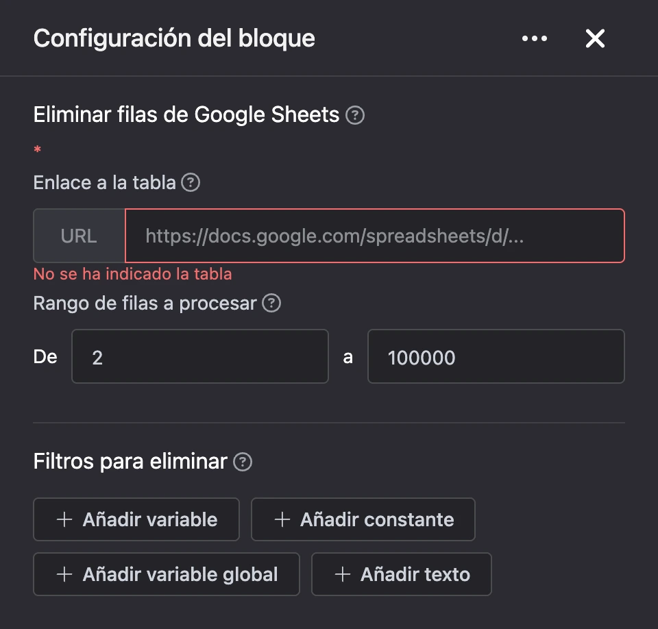 Panel de configuración del bloque «Eliminar filas de Google Sheets»
