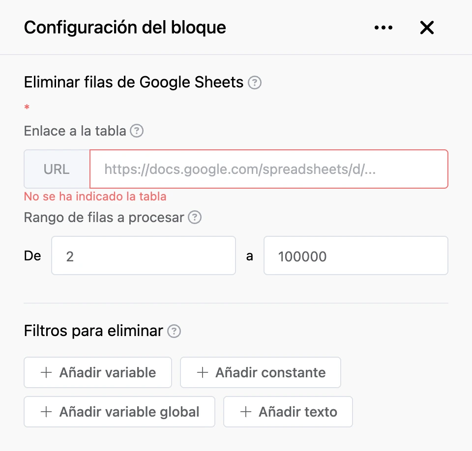 Panel de configuración del bloque «Eliminar filas de Google Sheets»
