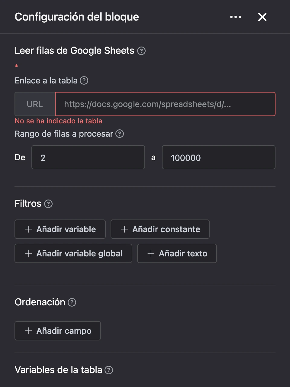 Panel de configuración del bloque «Leer filas de Google Sheets»