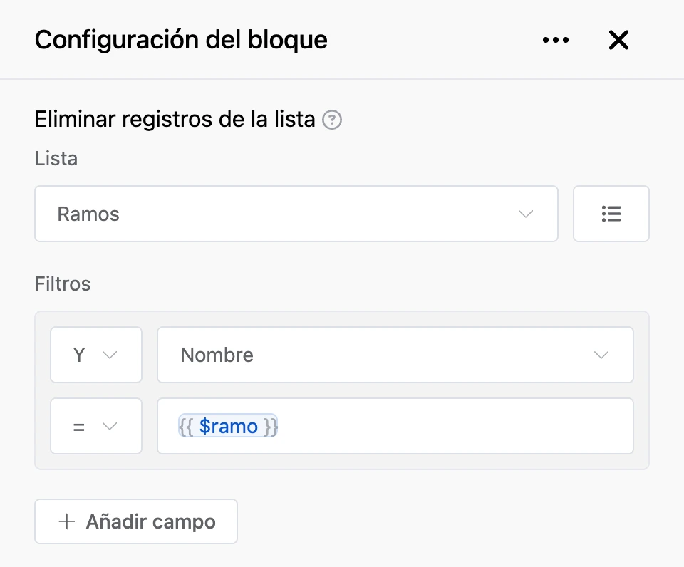 Panel de configuración del bloque «Eliminar registros de la lista»
