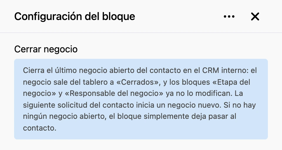 Panel de configuración del bloque «Cerrar negocio»