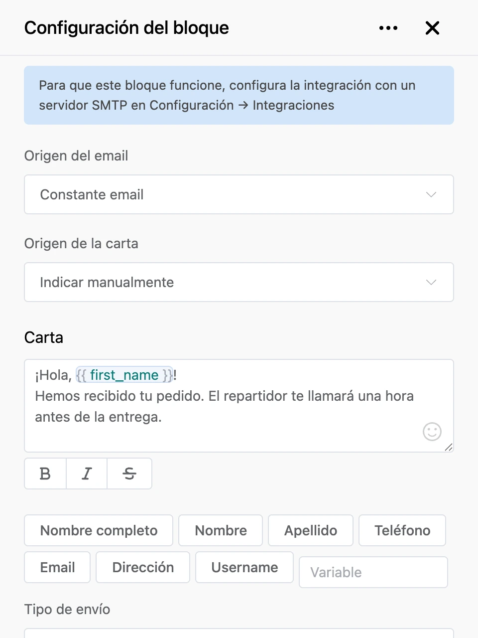 Panel de configuración del bloque «Enviar email»
