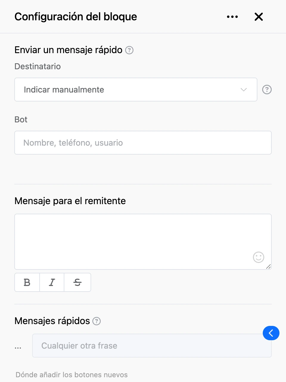 Panel de configuración del bloque «Enviar un mensaje rápido»