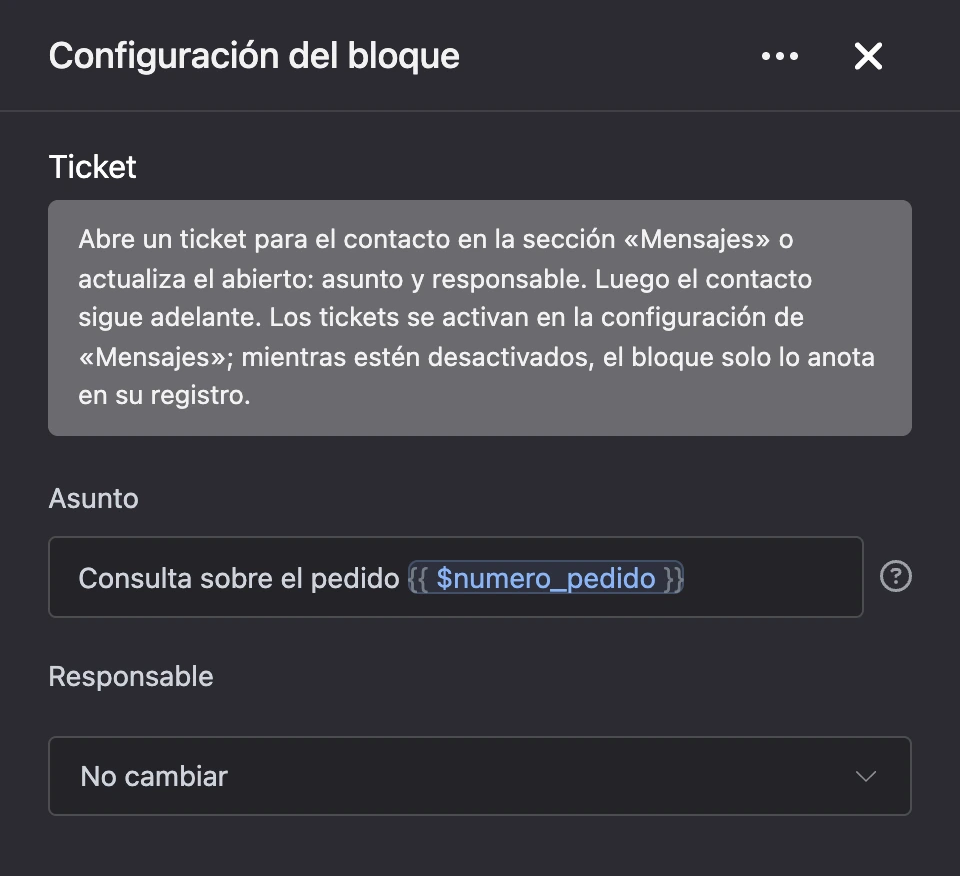 Panel de configuración del bloque «Ticket»