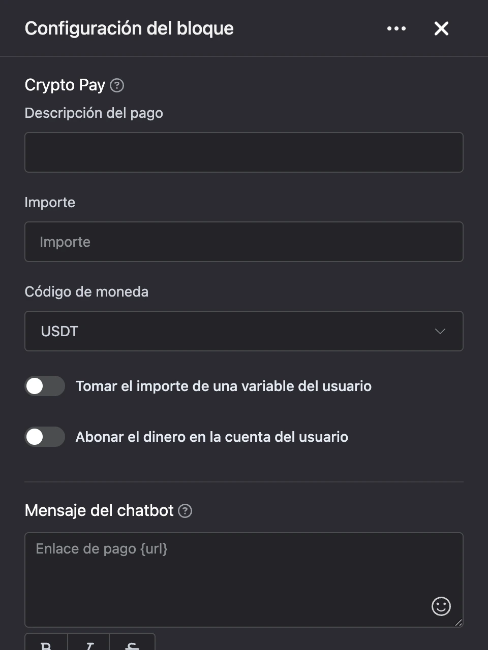 Panel de configuración del bloque «Crypto Pay»