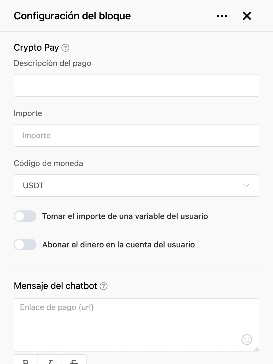 Panel de configuración del bloque «Crypto Pay»