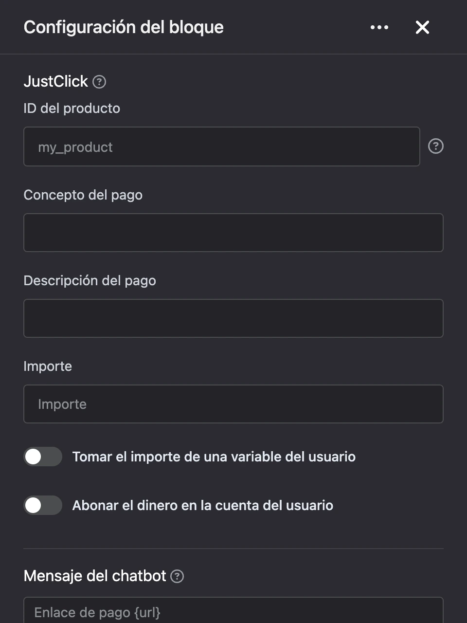 Panel de configuración del bloque «JustClick»