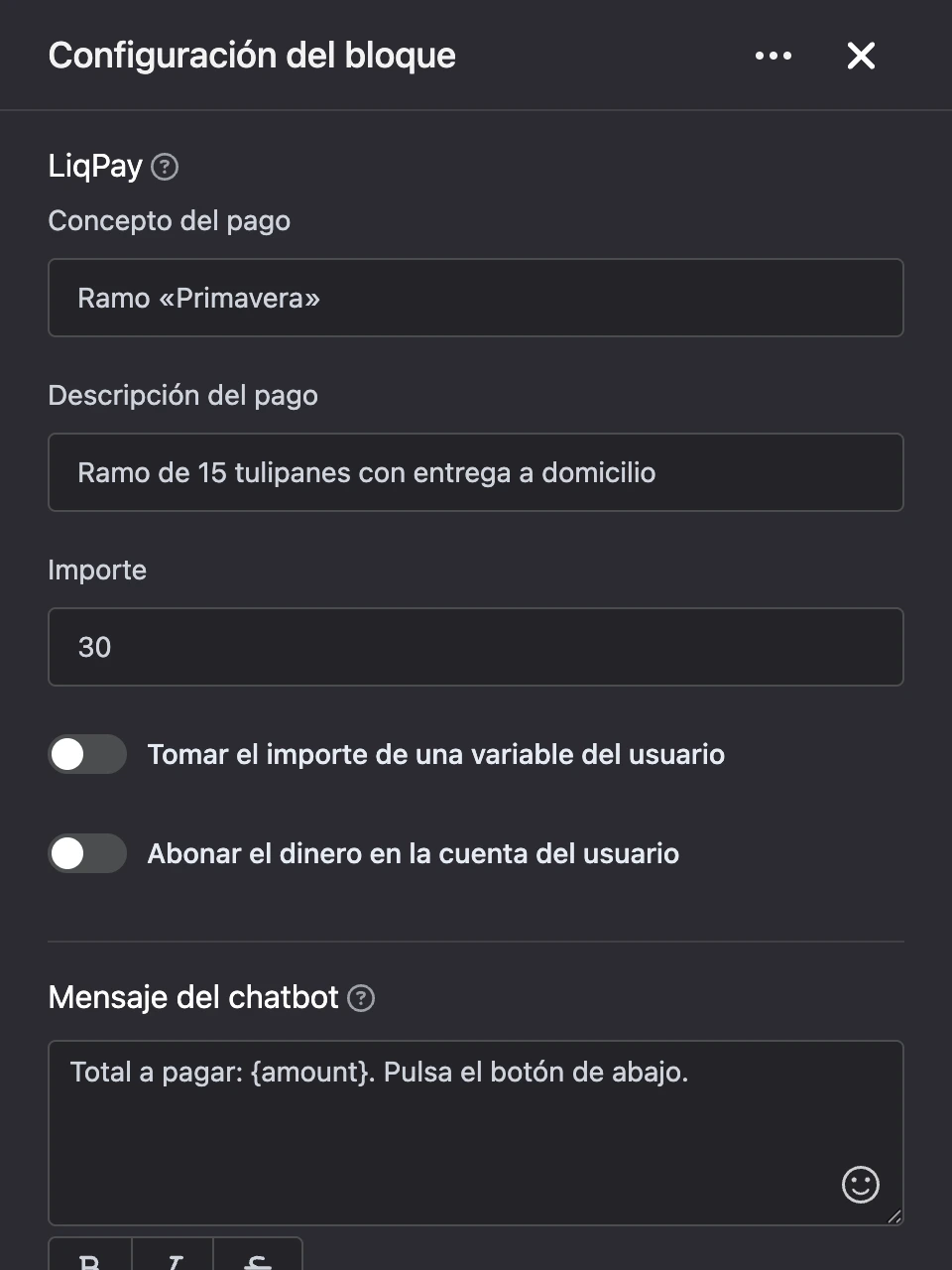 Panel de configuración del bloque «LiqPay»