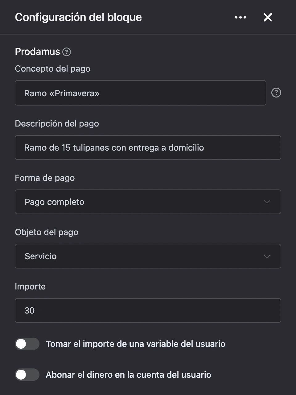 Panel de configuración del bloque «Prodamus»