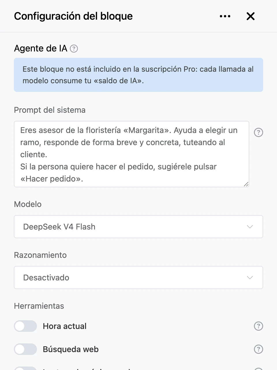 Panel de configuración del bloque «Agente de IA»: prompt del sistema, modelo y herramientas