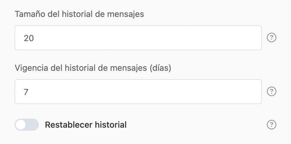 Historial del diálogo: 20 mensajes durante 7 días, «Restablecer historial» desactivado, «Transmitir la respuesta» activado