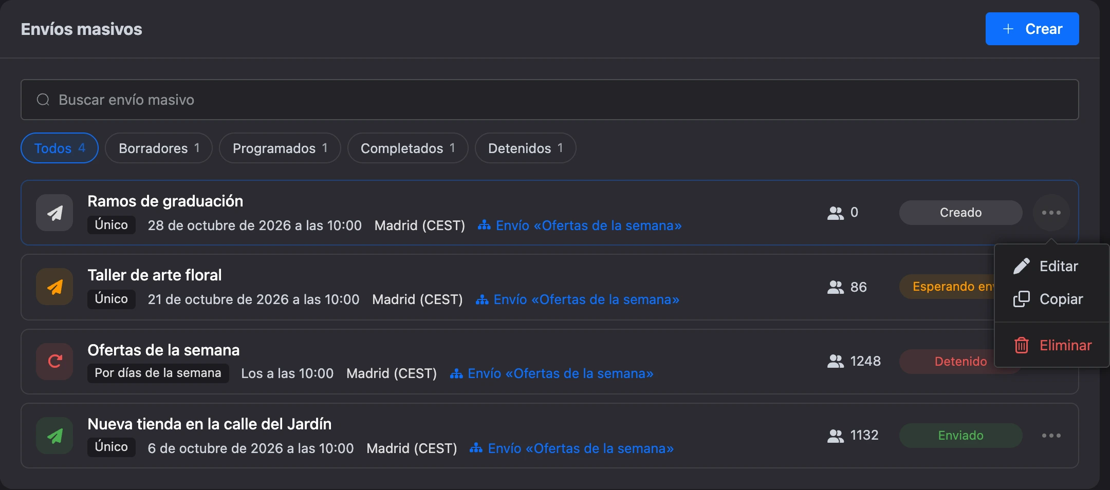 La lista de envíos masivos con el menú «⋯» abierto: editar, copiar, eliminar